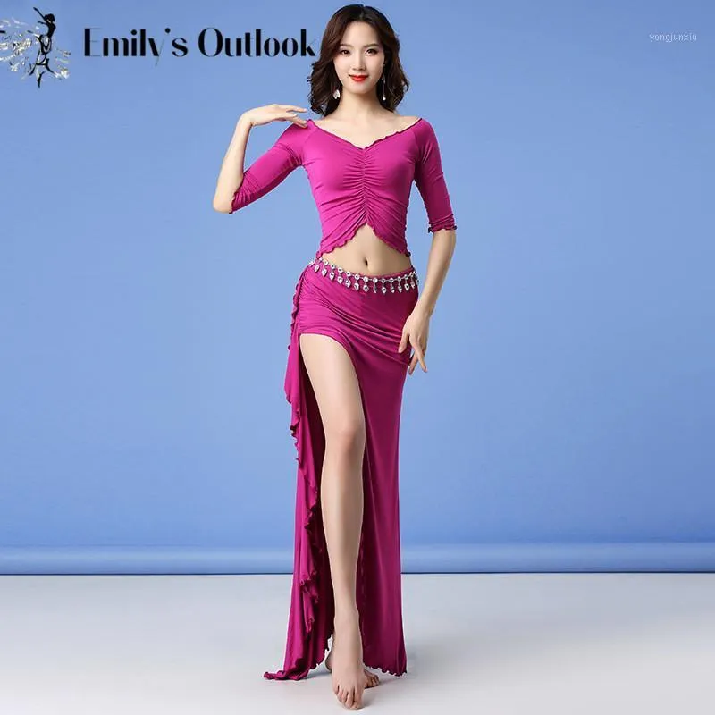 Women Belly Dance Costume Set 2 Piece Oriental Dancer Competion Clothes Comfortable Modal Long Sleeve Top Sexy Skirt Stage Show1207G