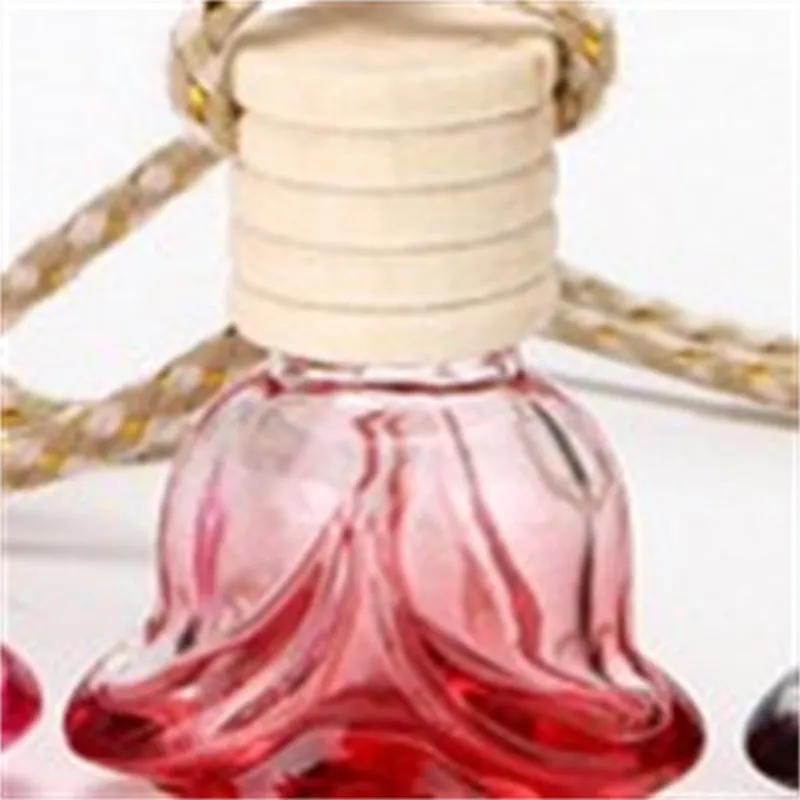 Glas bil parfymflaska dekorera hängande rosa blomma formad utsökt luft fräschare eterisk oljediffusor flaskor varm försäljning 1 4js k2