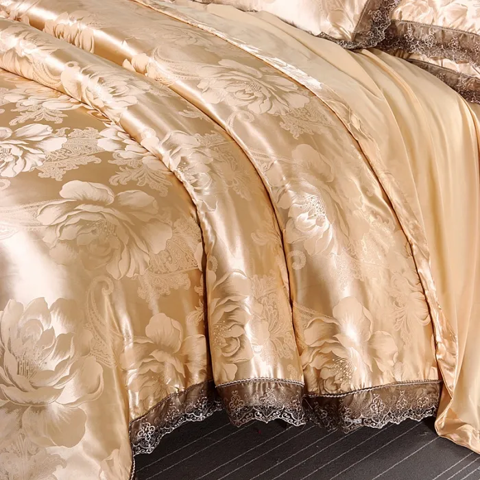 Golden Silk Cotton Luxury Satin Jacquard Bedding Set Queen King Size W