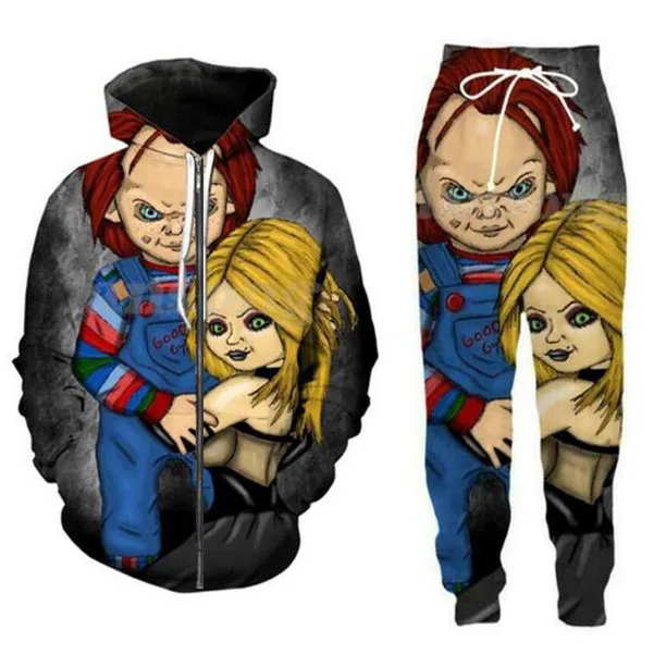 2021 Nieuwe Mode Mannen / Dames Horror Movie Chucky Rits Hoodie en Broek Tweedelige Fun Geleide 3D Algemene bedrukte Trainingspakken PJ05