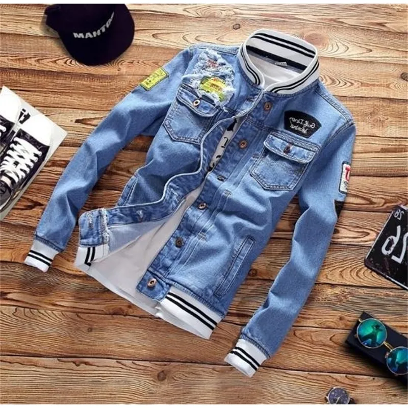 Nya avslappnade smala m￤n denimjacka plus storlek S-bomber m￤n h￶gkvalitativ cowboy m￤ns v￥r jean jacka lj201013