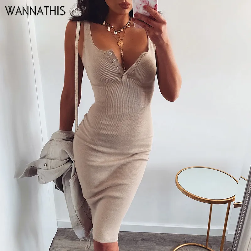 Wannathis Щелевые платья вязаные эластичные без рукавов BodyCon элегантные женщины 2019 летние сексуальные V-образные вырезы, пуговицы тонкие платья Y0118