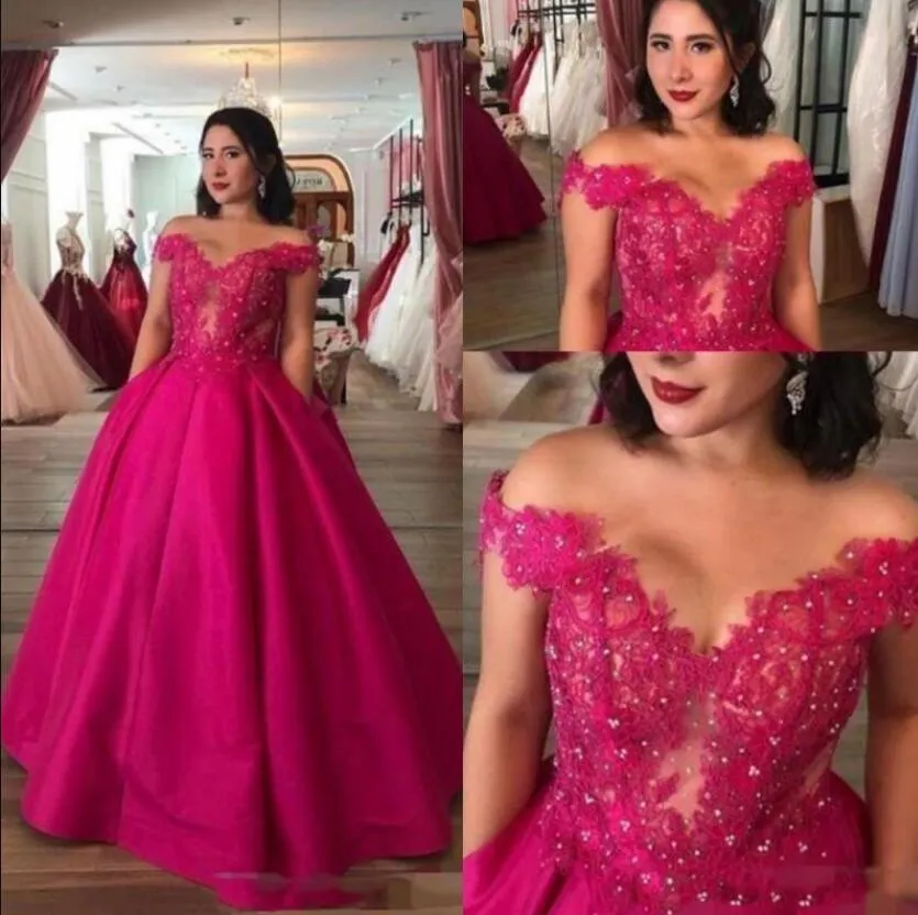 2021 Fuchsia Robes De Bal Satin Longueur De Plancher Cap Manches Bretelles Dentelle Applique Perles Cristaux Robe De Soirée Occasion Formelle Porter