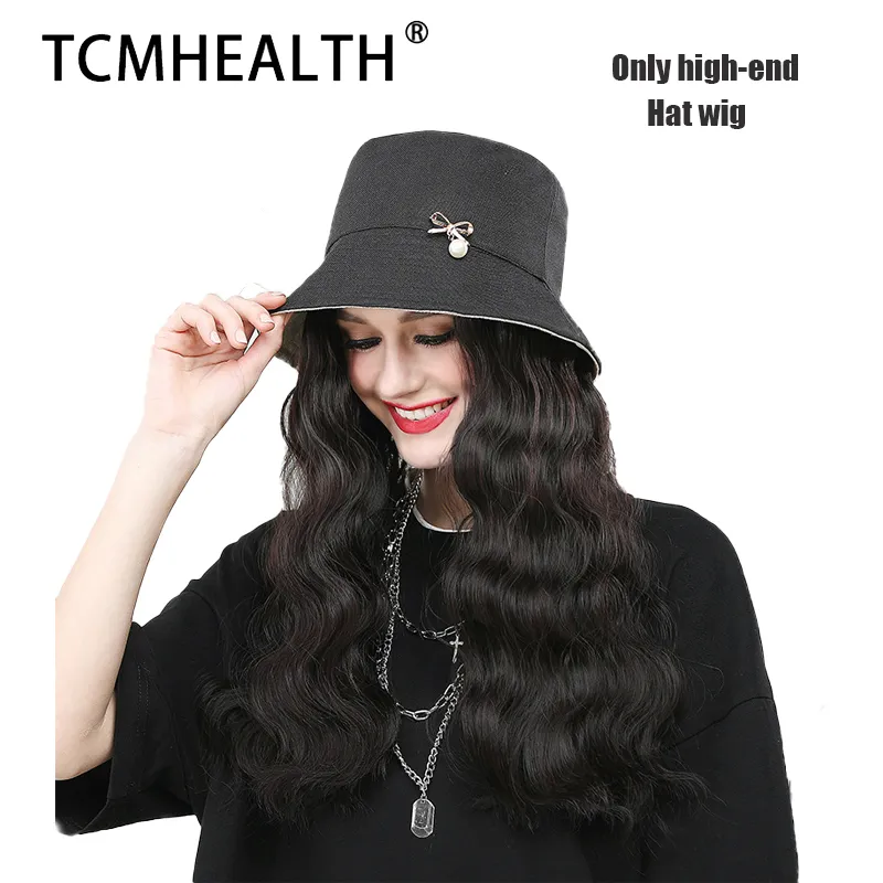 Peruk hatt ett stycke mode peruk kvinnlig medium l￥ngt h￥r med fullt huvudskyddssimulering lockigt