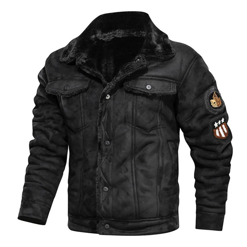 OHMZYZO Mens Vintage Suede Jacket Plush Collar Zip Up Retro Coats Faux Leather Winter Long Jackets Motorcycle Jackets