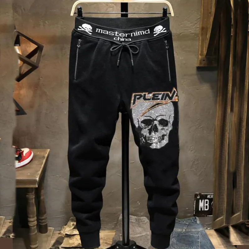 Skull Print Spot Pants Men's Casual Medium Midje Designer Rhinestone Micro Elastic Black Youth Street Style Male Elastic Belt242w