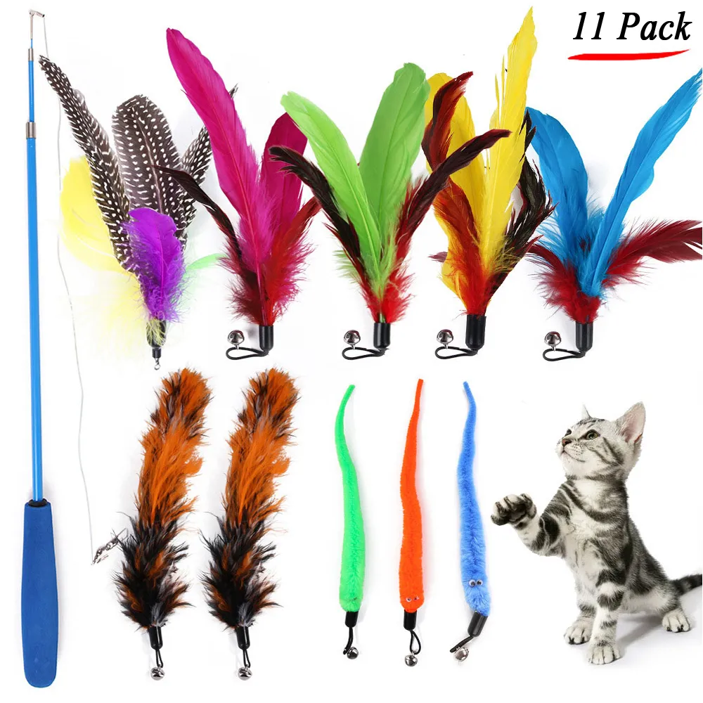 11pcs / Set Teaser Cat Catcher rétractable pôle de pêche baguette tige plume jouet, idéal pour chaton chien exercice LJ200826