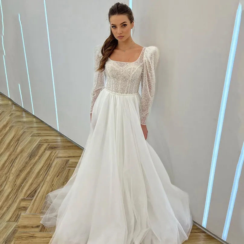 Square Neck Long Sleeves Wedding Dress Bridal Gowns Sequined Sweep Train Lace-up Back Bride Dresses Plus Size