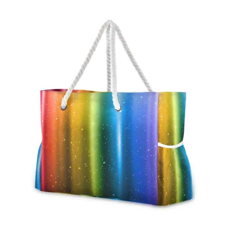 Boodschappentassen regenboog print kleurrijke strand tas grote capaciteit herbruikbare handtas vrouwen schouder doek tas nylon opvouwbare winkelbodem 220310