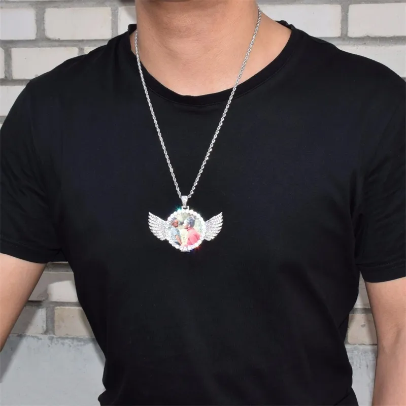 Custom Made Photo With Wings Medallions Necklace & Pendant Free Rope Chain Gold Silver Color Cubic Zircon Men's Hip hop 72 K2