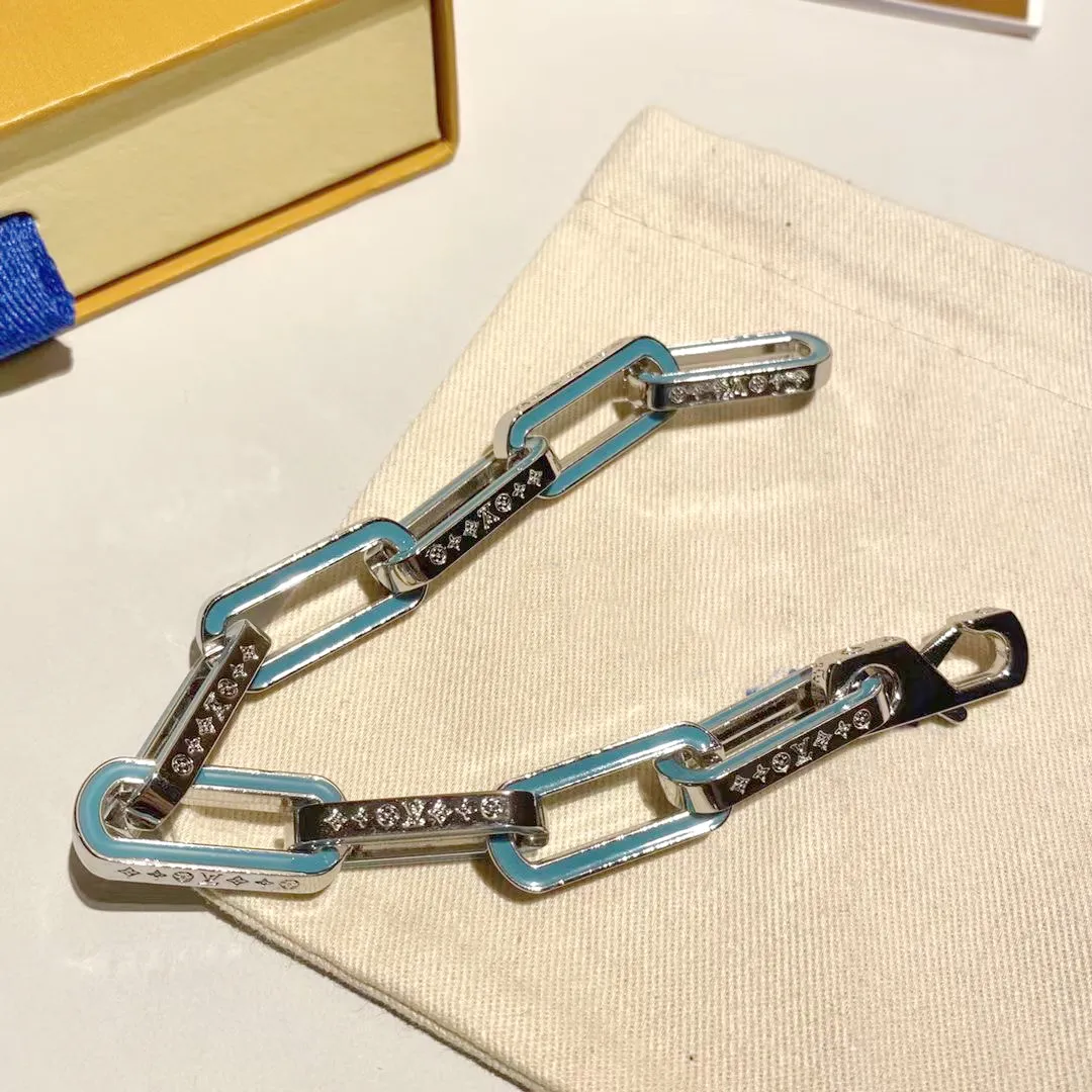 Europe America Men Silver-colour Metal Engraved V Initials Flower Blue Enamel Links Chain Necklace Bracelet Jewelry Sets M80194 M80195