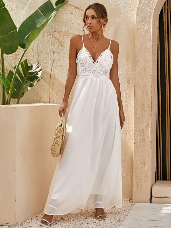 Backless Lace Bodice Cami Bohemian Wedding Dress with Guipure Tie