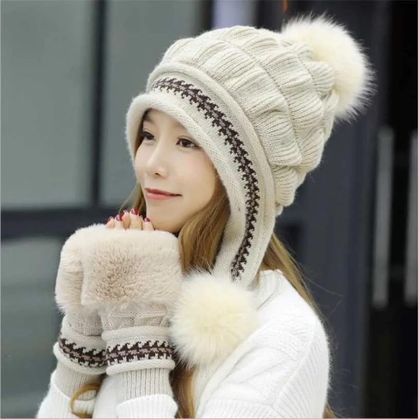 女性の冬のニット帽子カジュアル全てのマッチ甘い素敵なウサギの毛皮のニット女性暖かいニットキャップ+グローブ211229