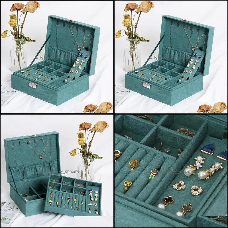 Jewelry Pouches, Bags Green Velvet Double-layers Portable Multi-functional Necklace Ring Bracelet Boxes Fashion Earring Holder