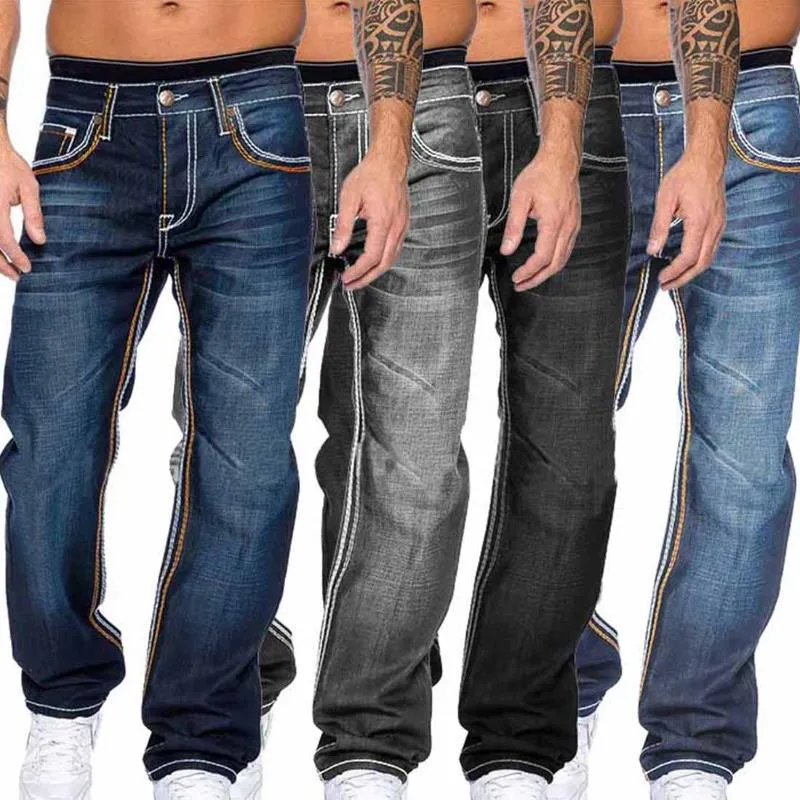 Mens Jeans Outono Calça Denim Slim Straight Azul Escuro Regular Fit Lazer Calças Longas Jean Men Hombre