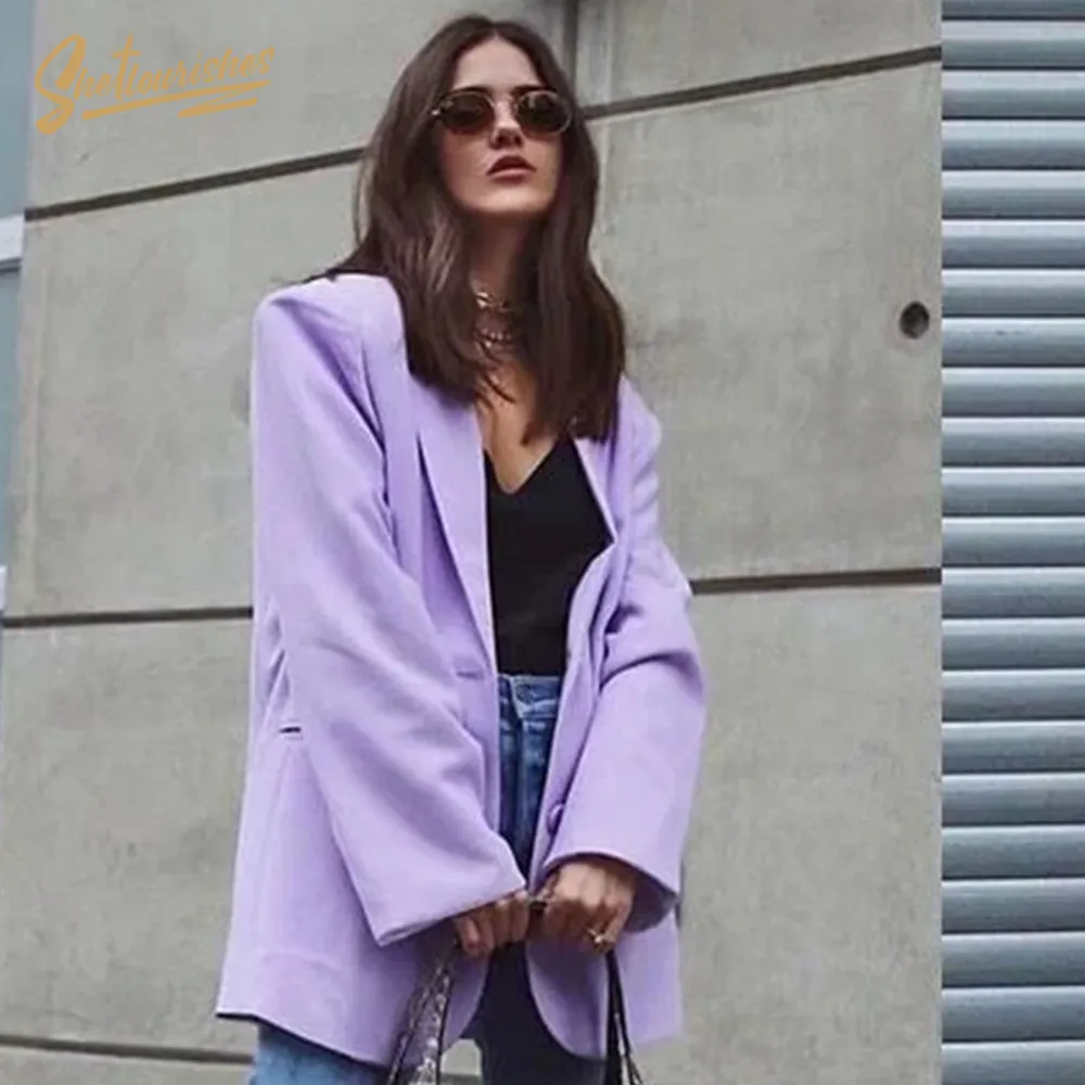 Sheflourishes Women Blazers Purple Long Sleeve Jacket Office Formal Suit Feminino Chic Top Pocket Button Outerwear Loose Coat BF