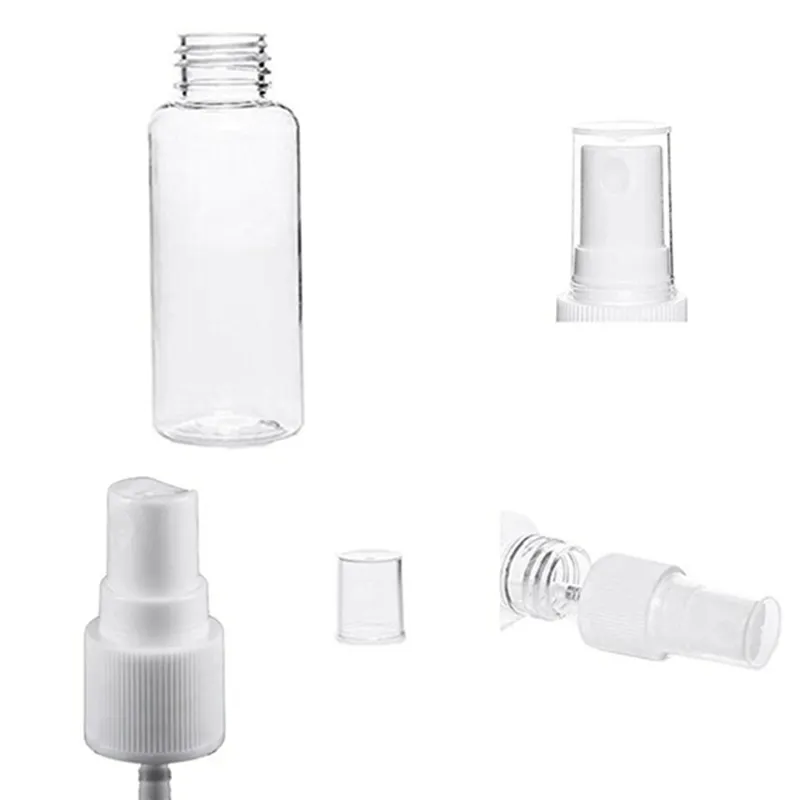 20 ml 20g fin dimma mini sprayflaskor med förstärkare pumpar - för eteriska oljor, resor, parfymer, mer tomma klara plastflaskor
