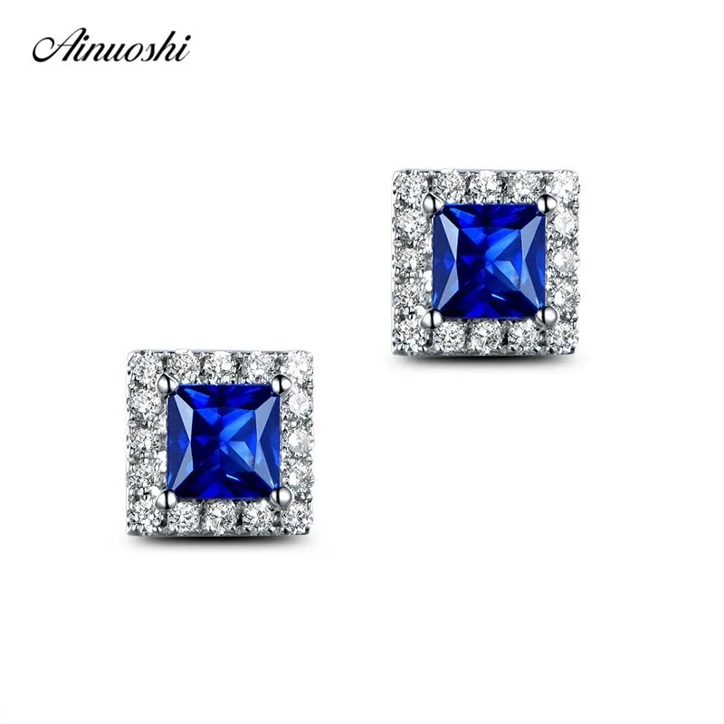 AINOUSHI 0.63 Carat Princess Cut Blue Sona Halo Stud Earrings 925 Sterling Silver 4 Prongs Women Stud Earrings Engagement Gifts Y200107