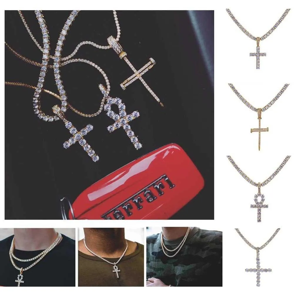 Collana con ciondolo croce Ankh ghiacciato Hip Hop Catena da tennis da 4 mm Micro pavé di pietre CZ Catene d'oro per uomo Ilkux