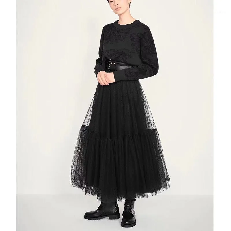Etekler Cosmicchic 2021 Pist Tasarımcısı Kadınlar Siyah Uzun Tül Etek Yüksek Bel Pileli Polka Dot Maxi Lolita Saia Jupe Faldas1