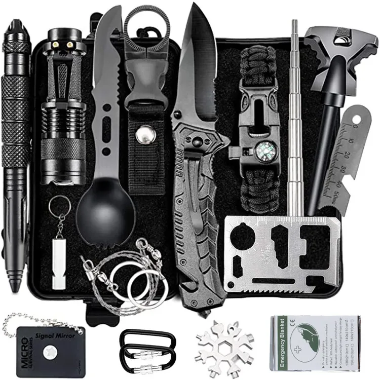 Kit di auto-aiuto per la sopravvivenza all'aperto, coltello per torcia, coperta di pronto soccorso, autodifesa e attrezzatura salvavita HW92