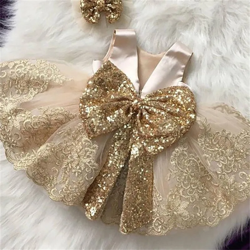 Golden Cekiny Baby Chrotening Suknie Tulle Princess Dress Event Party Nosić 1 rok Baby Girl Urodziny Dresses Infant Baptism Suknia LJ201221