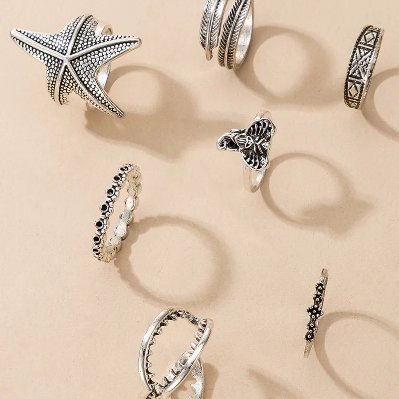 Forntida Silver Leaf Elephant Starfish Knuckle Rings Band för Kvinnor Stackbara Joint Midi Finger Ring Set Will och Sandy