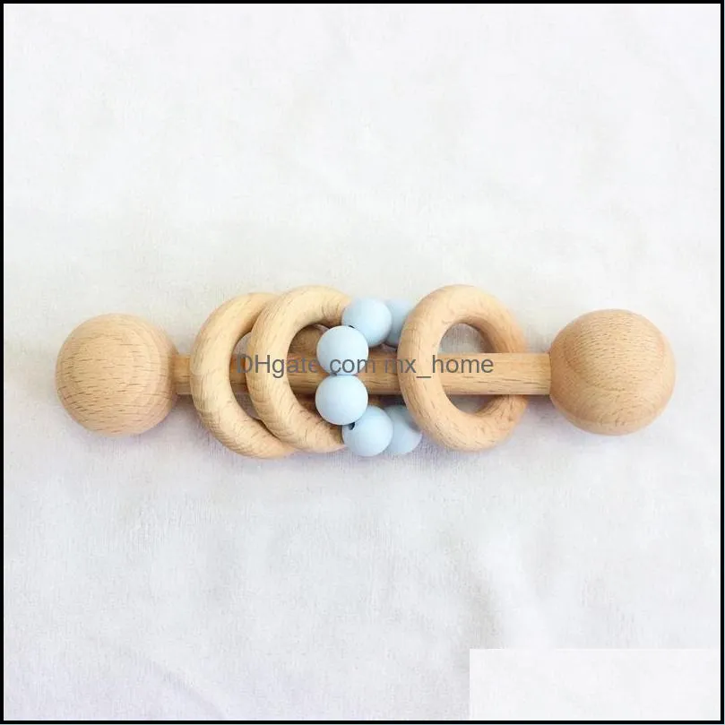 INS Baby Teethers Toys Teething Natural Wooden Ring Teether Infant kids Fingers Exercise Toy Silica gel Beaded Soother Z2062