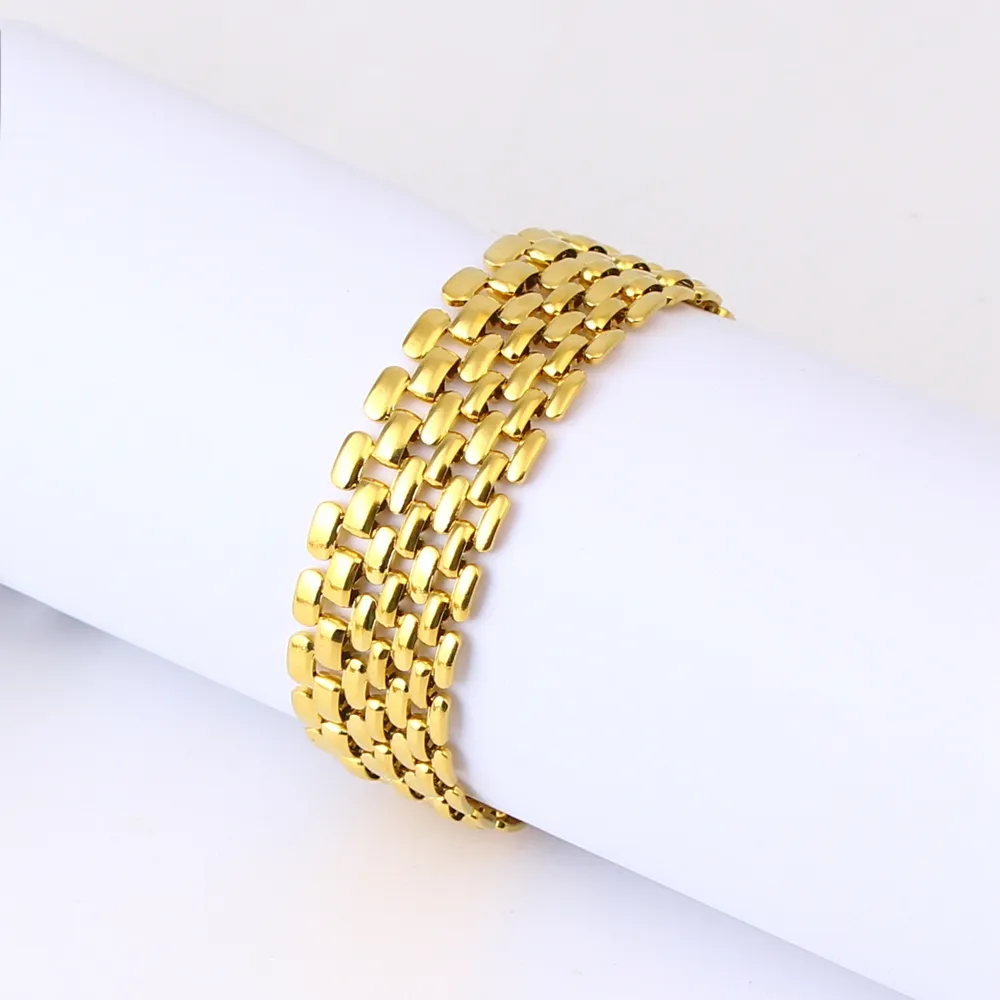 Smooth Mesh 15mm Wide Wrist Chain Bracelet Link 18k Yellow Gold Filled Fashion Jewelry for Women Men