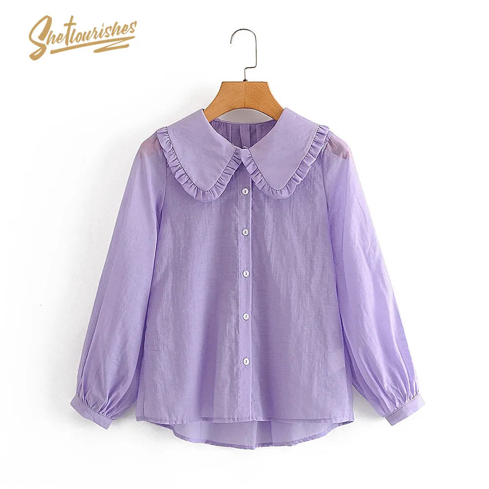 Sheflourishes Womens tops and blouses Fall Purple Puff Sleeve Loose Long Sleeve Kawaii Blusas zoravicky Mujer Chic 2020 Thin Top