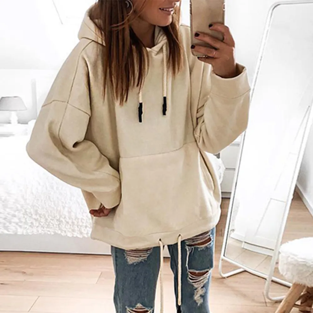 Felpe Stylish coulisse Solid Cappuccio Donne Felpa autunno ragazze di inverno grandi tasche Pullover Lady coreana con cappuccio D30 201017