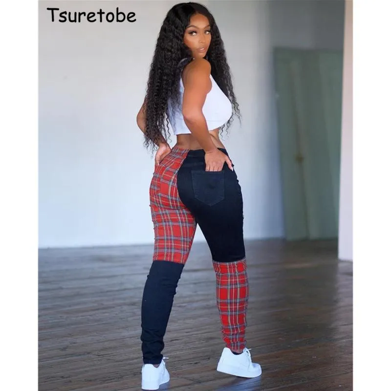 Tsuretobe Patchwork pantalon à carreaux femmes automne 2020 femmes vêtements Streetwear taille haute Joggers poches décontracté multicolore pantalon