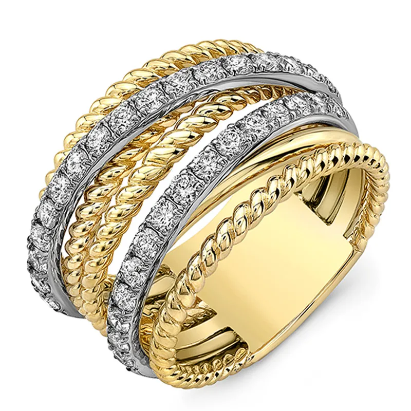 Fancy Cross Twist Twine Kvinnor Ring Guldfärg Med Mikrokristall Zircon Stone Delikat Bröllop Ringar Lady Mode Smycken