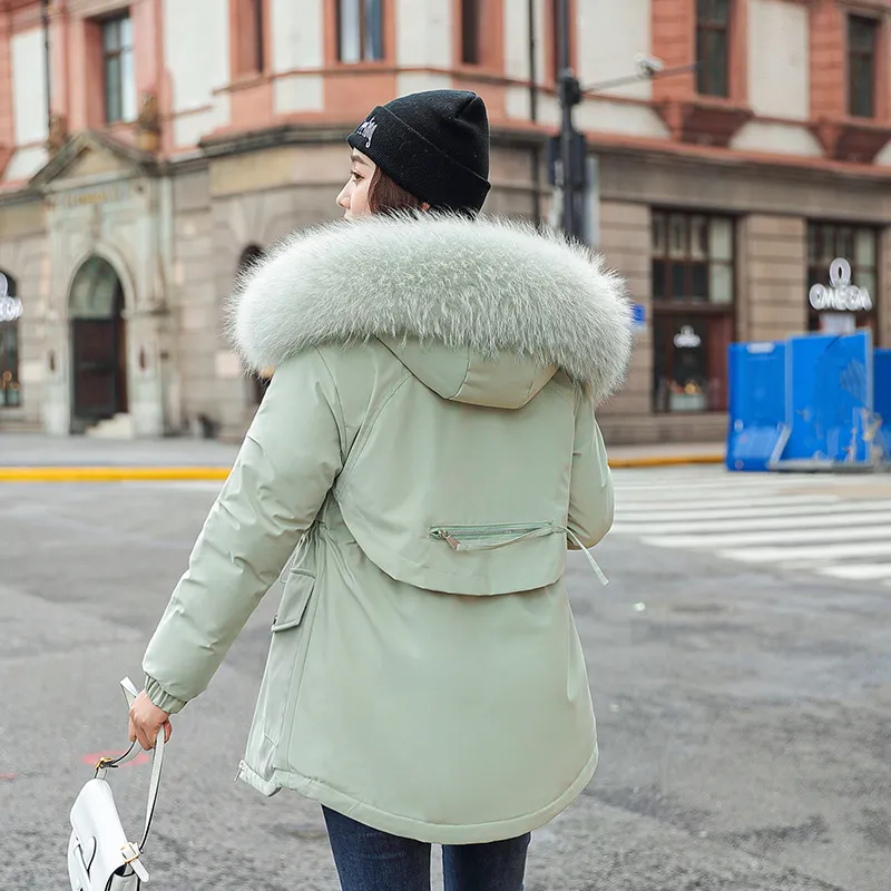 Fashionable Warm Cotton Liner Hooded Down Parkas Coat Winter Jacket Women Adjustable Waist Fur Collar Jacket Parka New 201110