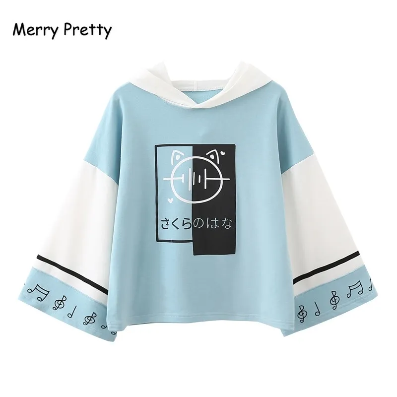 Merry Pretty Women Harajuku Print Hooded Sweatshirts Långärmad Patchwork Hoodies för Femme Casual Loose Cute Pullovers 201102