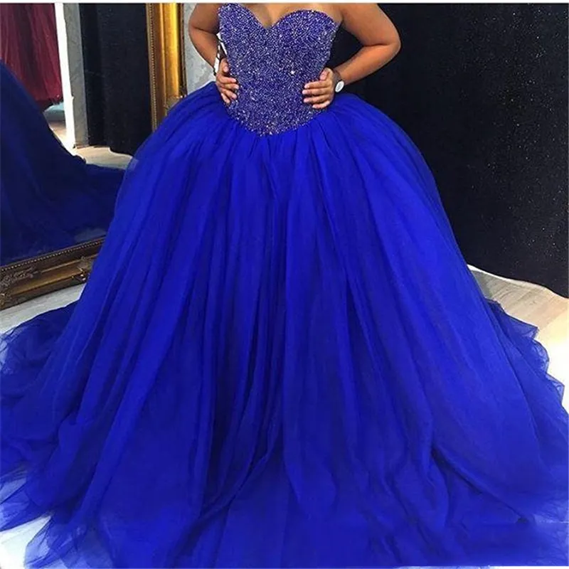 Royal Blue Puffy Tulle Ball Clange Juinceanera платья Милая Кристалл из бисера Платье для вечеринки Сладкие 16 платьев Vestidos de 15 Custom QC1514