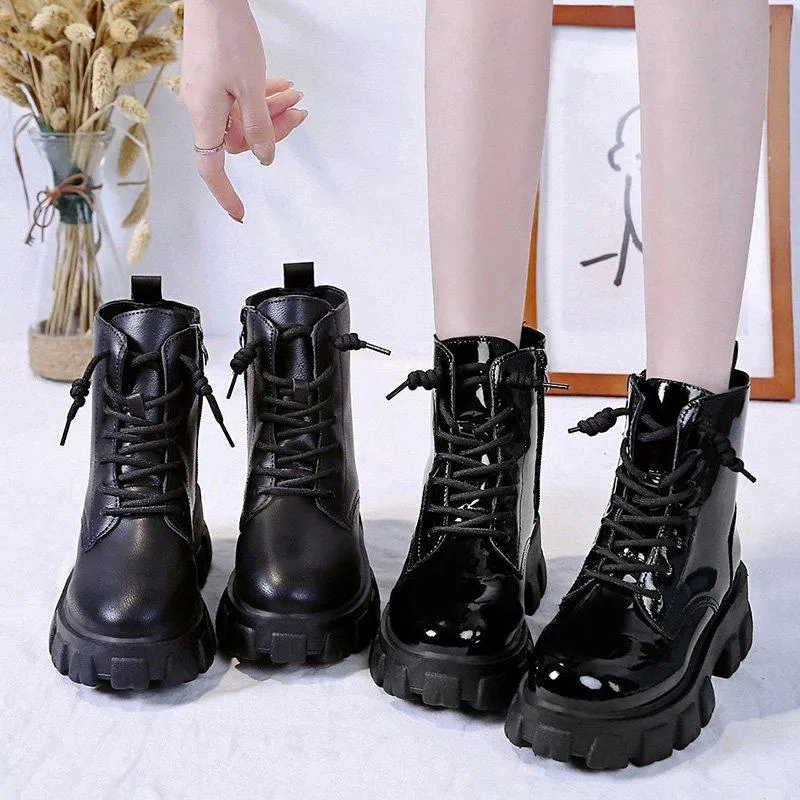 Black Patent Leather High Platform Ankle Boots For Women Fashionable Winter Chunky Shoes With Thick Sole And Lace Up Design From Factory Shaziba Bulk 38.06 DHgate.Com