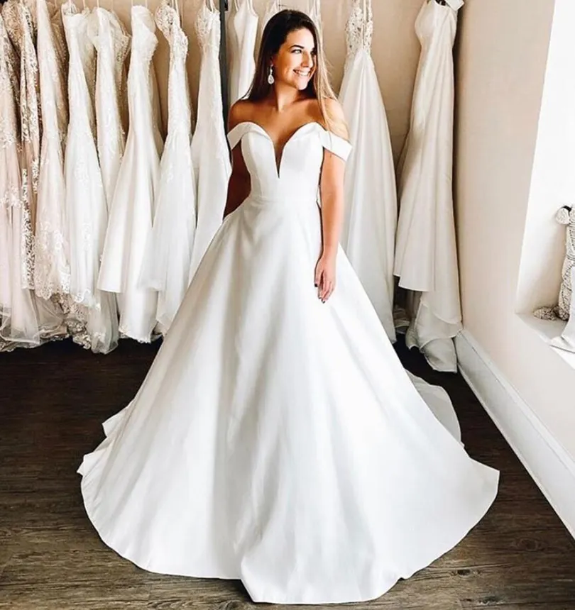Пользовательские плеча линия свадебные платья 2021 с крышными рукавами развертки поезд атлас плюс размер свадебные платья Vestidos de Novia