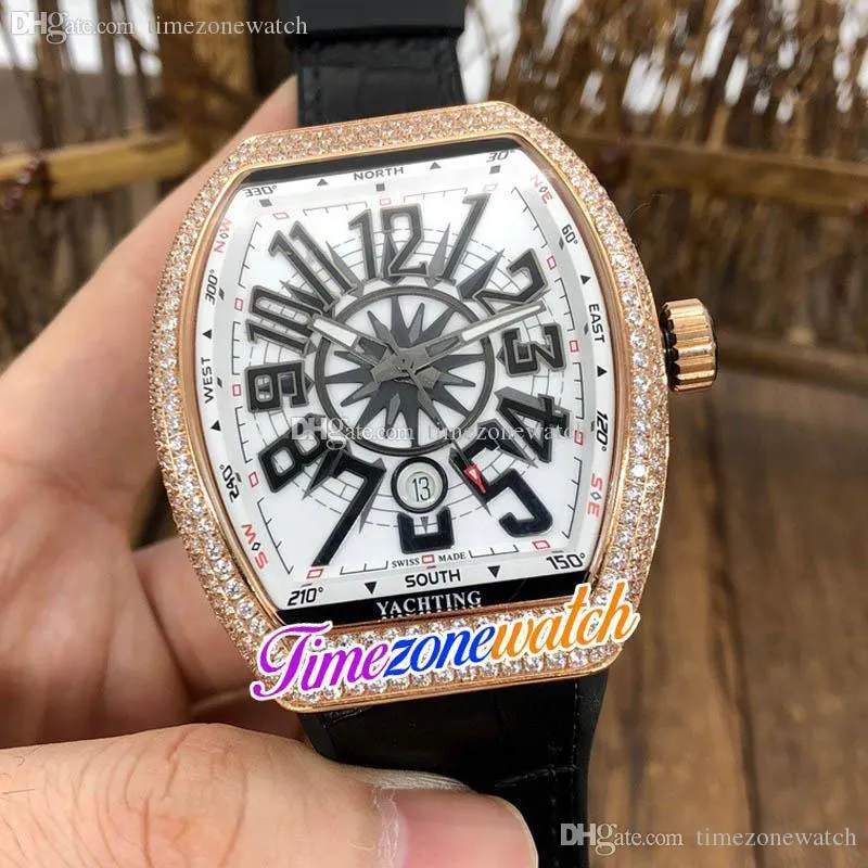 New 42mm Date Automatic Mens Watch Rose Gold Diamond Case Black Number White Dial Black Leather Rubber Watches Timezonewatch TWFM E195d1