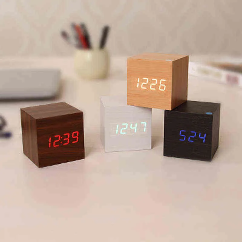 Multicolore sons contrôle en bois horloge numérique bois LED bureau réveil thermomètre minuterie calendrier Table décor H1230