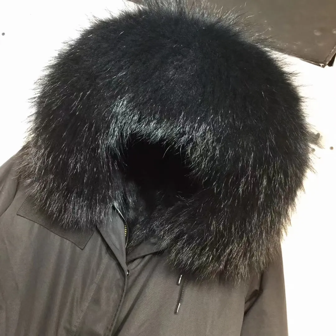 mukla furs popular negro raccoon trim damas nieve parkas forro de piel de zorro negro exterior chaquetas largas mantener el calor