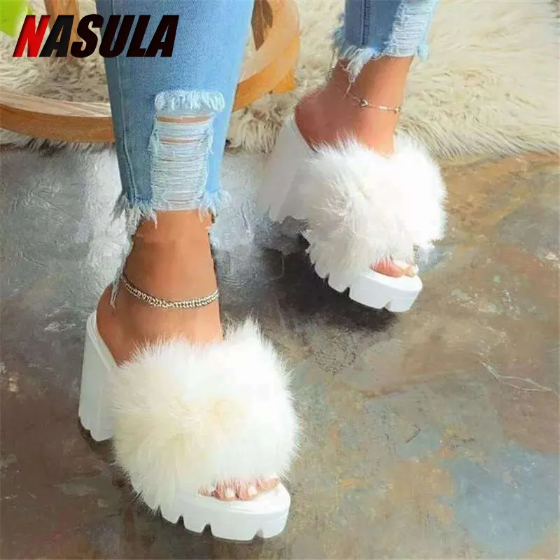 INS päls High Heels tofflor skor kvinna fluffiga kvinnor tofflor lurviga damer fuzzy damer plysch skor fenty Drop Ship 201127