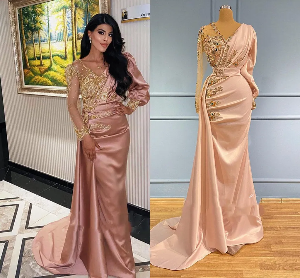 Rose Pink stain Mermaid Arabic Evening Dresses Long Sleeve V Neck Beaded floral Dubai Party prom Gowns robe sirene rose