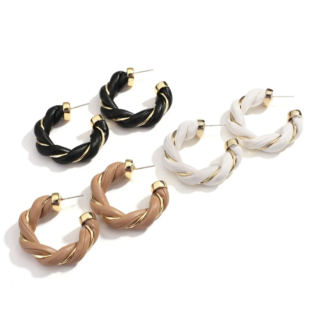 2020 neue Weben Metall Leder Twisted Hoop Ohrringe Vintage Schwarz Weiß C Form Kreis Ohrringe für Frauen Mädchen Schmuck