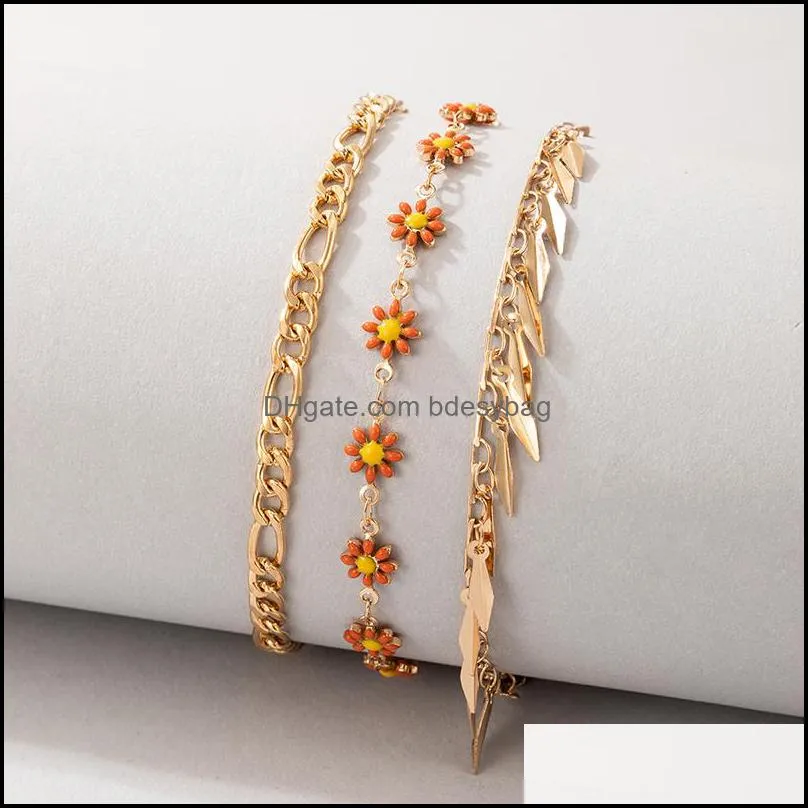 Bohemian Colorful Flowers Anklets Set for Women Layered Geometry Tassel Female Party Jewelry Accessories 3pcs/set