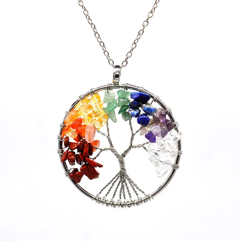 Collana da donna di pietre naturali Ghiaia Cristallo Albero della vita Ciondolo lungo Gioielli in argento Collane fatte a mano per le donne Regalo per feste