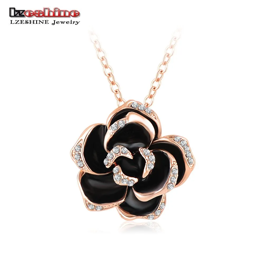 LUXSURY- LZESHINE nero smalto rosa fiore pendente collana oro rosa / piatto argento collane in cristallo austriaco collane flores NL0003