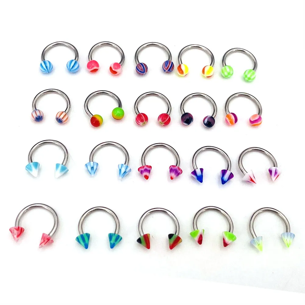 10pcs / jogo colorido Acrílico Anéis de nariz Ear Piercing Circular Barbell Anel Horseshoe Lip Labret sobrancelha orelha jóias piercings