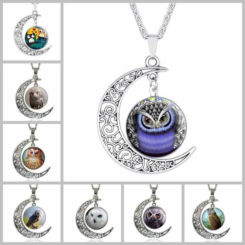 8 design moonstone necklace Owl Flower tree of life Cabochon glass Charms moon and star pendant necklaces For women Fashion Jewelry