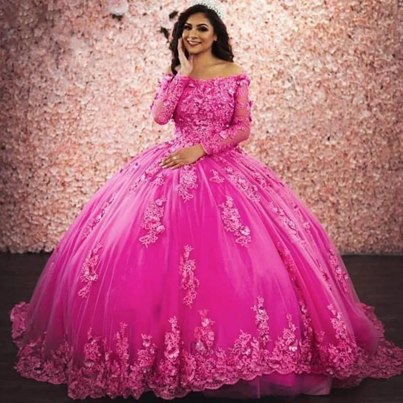 fuchsia Long Sleeves Quinceanera Dresses evening Gowns Lace Plus Size 15 year old Sixteen Sweet 16 Dress Prom Dress Vestidos De Graduación